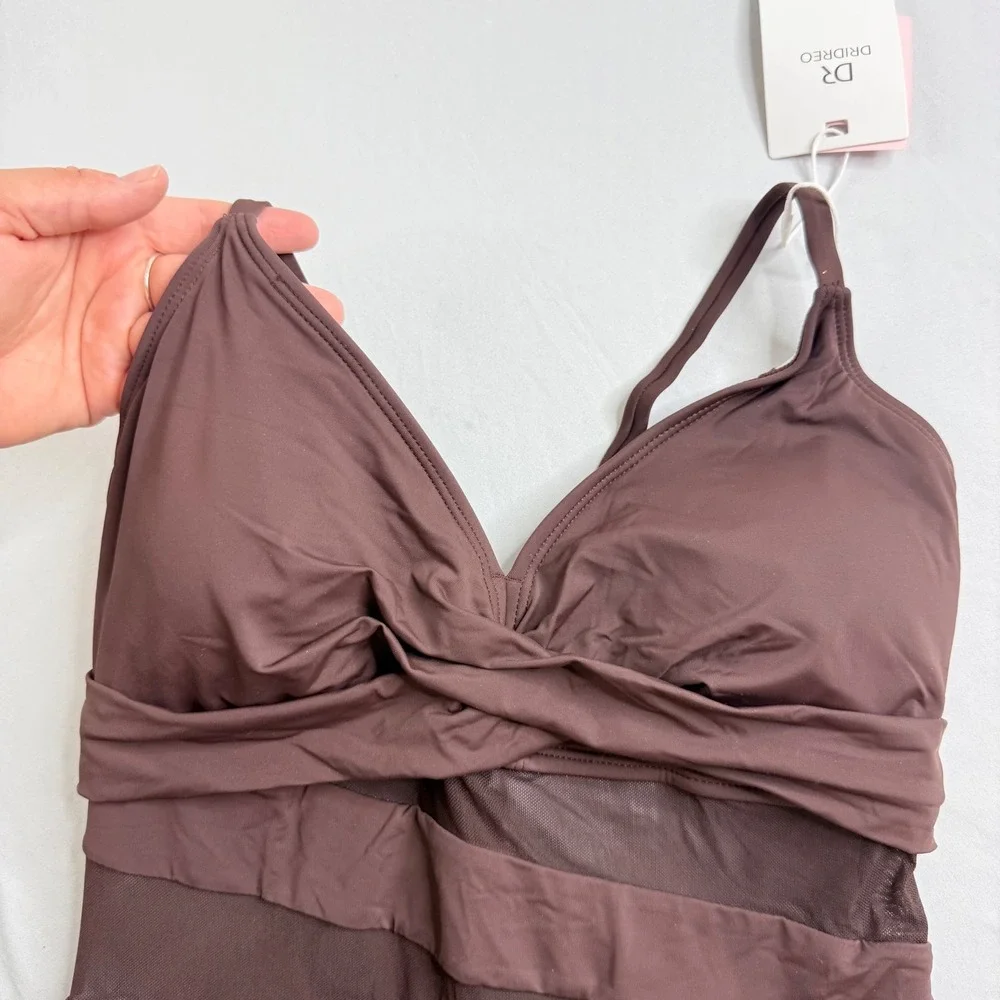 Dridreo Womens Brown Mesh Panel Twist Front One Piece Swimsuit NWT